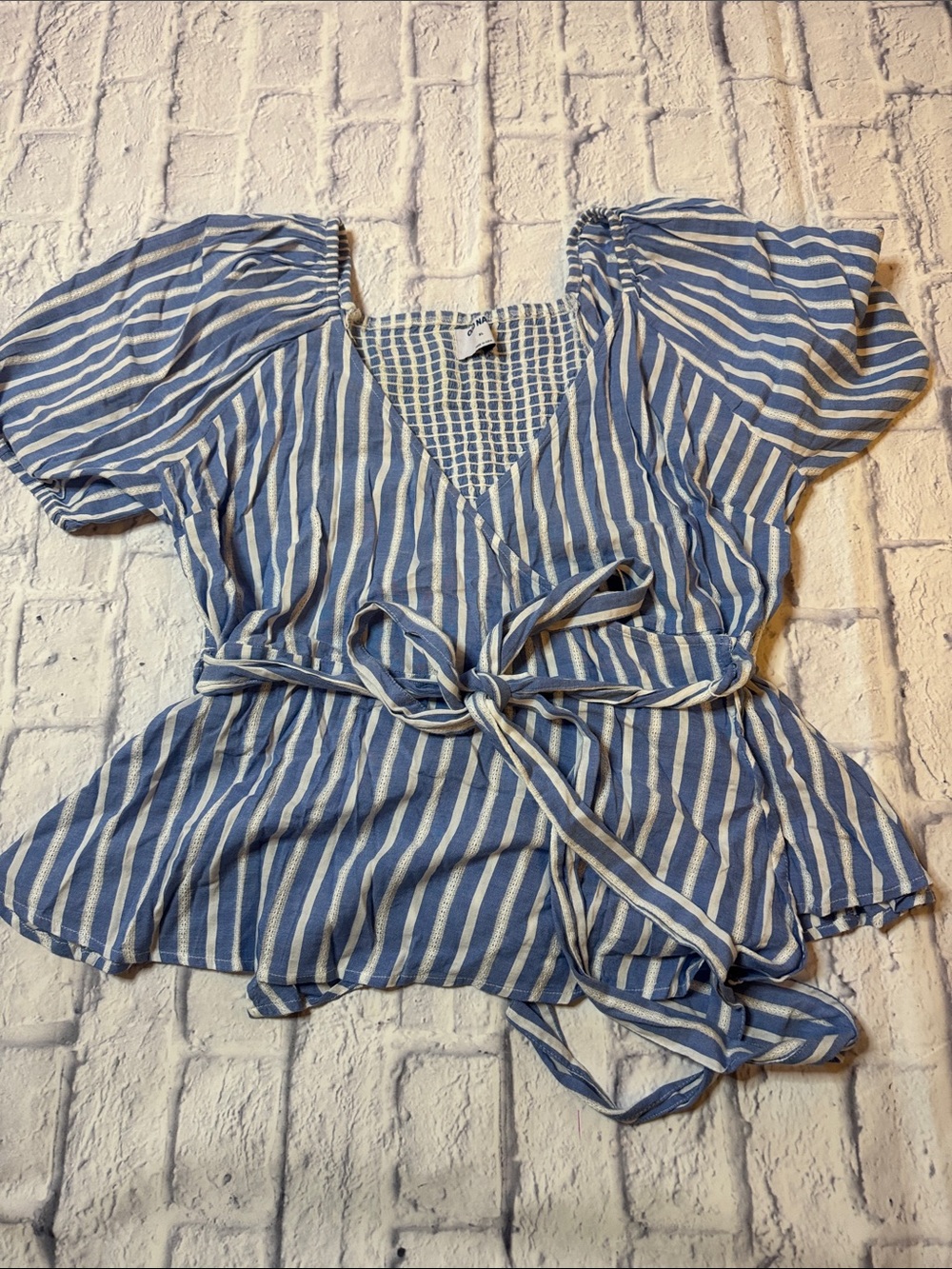 Old Navy Blue and White Striped Wrap Blouse with Puff Sleeves